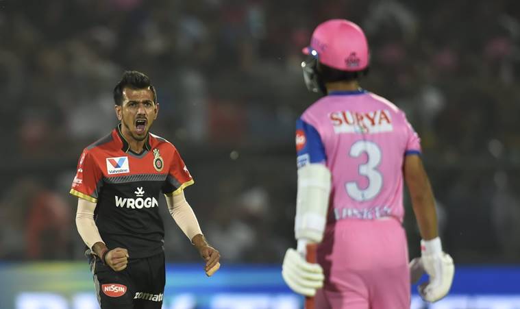 Royal Challengers Bangalore (RCB) bowler Yuzvendra Chahal celebrates the wicket of Ajinkya Rahane during the Indian Premier League (IPL T20 2019) cricket match between Royal Challengers Bangalore (RCB) and Rajasthan Royals( RR) at Sawai Man Singh stadium in Jaipur