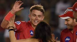 KXIP co-owner Preity Zinta with bowler Sam Curran as they celebrates after winning the Indian Premier League 2019 (IPL T20) cricket match against Delhi Capitals (DC) at I.S Bindra Stadium in Mohali