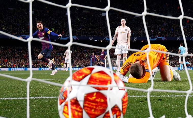 Lionel Messi celebrates scoring their second goal as Manchester United's David de Gea reacts
