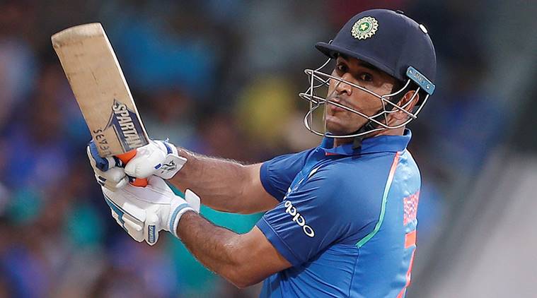 Mahendra Singh Dhoni plays a shot.
