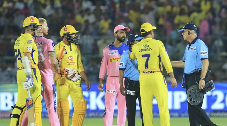 Players of Chennai Super Kings', in yellow, and Rajasthan Royals discuss with umpires over a No Ball during the VIVO IPL T20 cricket match between Rajasthan Royals and Chennai Super Kings in Jaipur