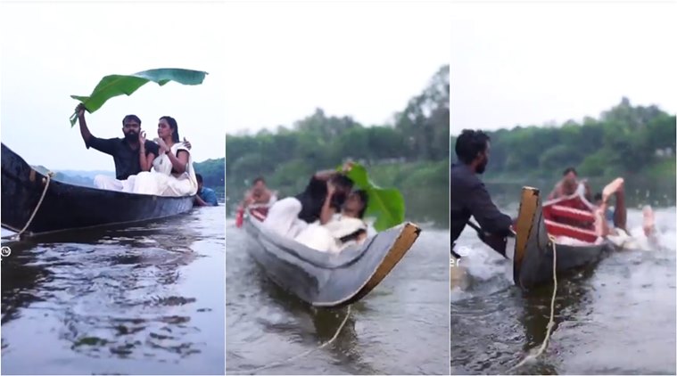 prewedding shoot, kerala wedding photo, kerala couple canoe fall, funny wedding photoshoot, wedding photoshoot fail, viral videos, indian express, kerala news