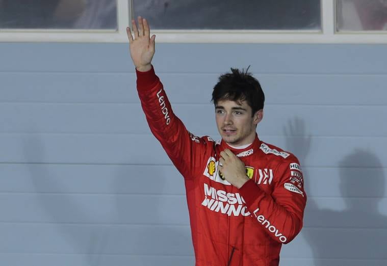 Third placed Ferrari's Charles Leclerc gestures after the Bahrain GP race