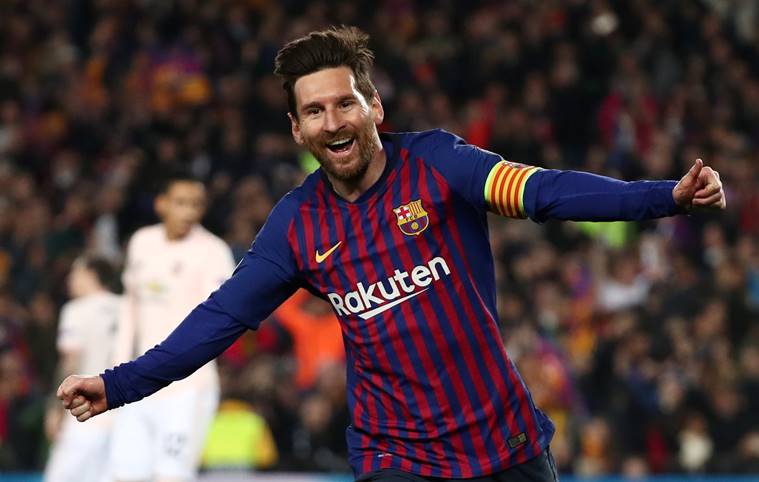Barcelona's Lionel Messi celebrates scoring their second goal