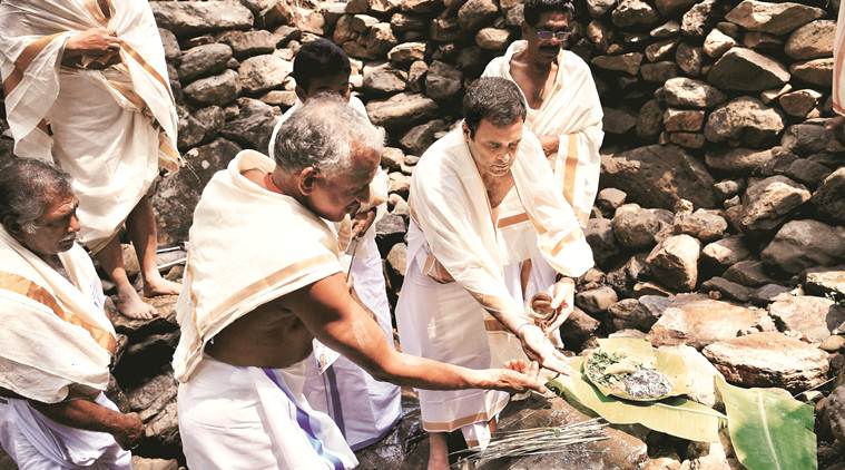 Rahul Gandhi, Rahul Gandhi wayanad, Rahul Gandhi Thirunelli temple, Rahul Gandhi on Jobs, Rahul Gandhi congress manifesto, Rajiv Gandhi Thirunelli temple, Rahul Gandhi Papanasini river, Rajiv Gandhi ashes, lok sabha elections, general elections, election news, decision 2019, lok sabha elections 2019, indian express