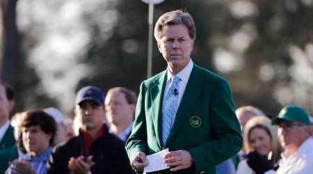 Augusta National Golf Club Chairman Fred Ridley watches the honorary first tee shots before the first round at the Masters golf tournament in Augusta, Ga.