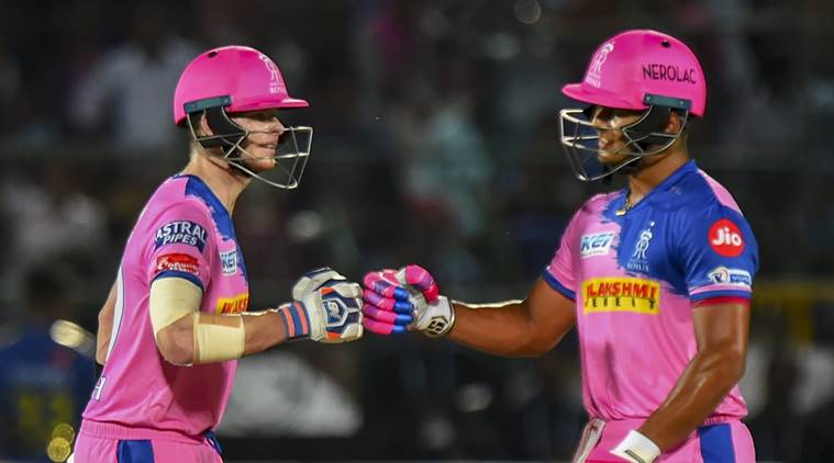 RR Captain Steve Smith and teammate Riyan Parag during the Indian Premier League 2019 (IPL T20) cricket match between Rajasthan Royals (RR) and Mumbai Indians (MI) at Sawai Mansingh Stadium
