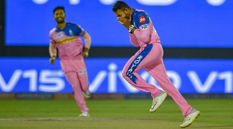 Rajasthan Royals (RR) bowler Shreyas Gopal celebrates the wicket of Virat Kohli during the Indian Premier League (IPL T20 2019) cricket match between Royal Challengers Bangalore (RCB) and Rajasthan Royals( RR) at Sawai Man Singh stadium in Jaipur