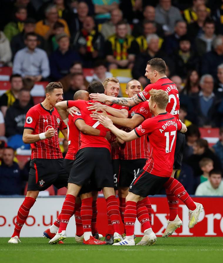 Southampton's Shane Long celebrates scoring their first goal with team mates