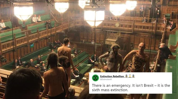 brexit, uk parliament, house of commons, semi nude protest brexit, nude protest UK parliament, mass extinction, climate change, climate change UK Parliament protest, Brexit debate, viral news, indian express