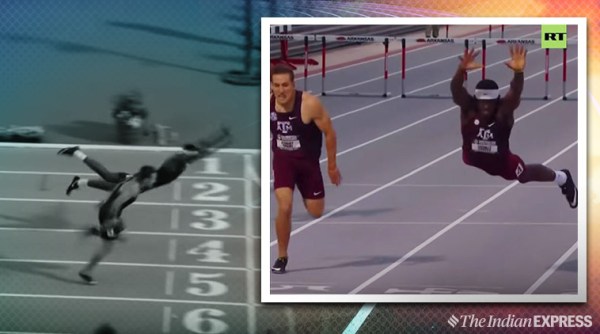SEC championship, texas A &M runner, runner jumps to win race, runner leaps to win race, runner superman jump, viral videos, sports news, indian express