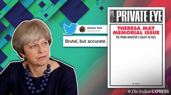 theresa may, theresa may resigns, private eye, newspaper troll politician, private eye theresa may cover, theresa may legacy blank cover, viral newspaper frontpage, viral news, indian express