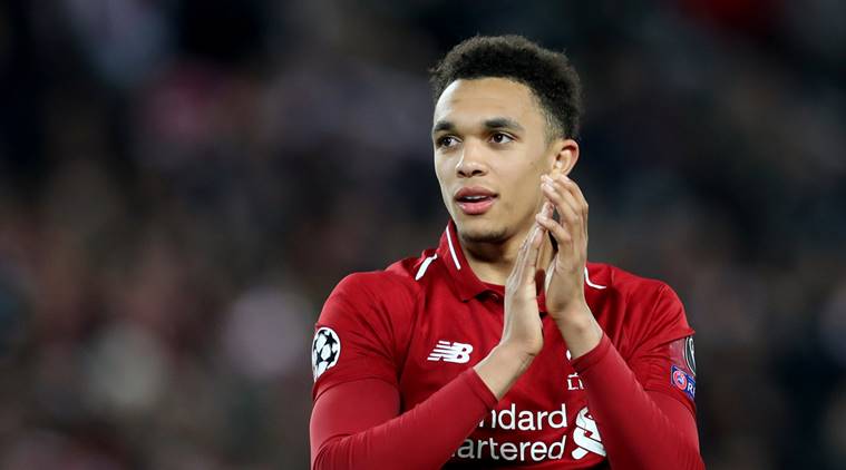 Liverpool's Trent Alexander-Arnold applauds fans after the match