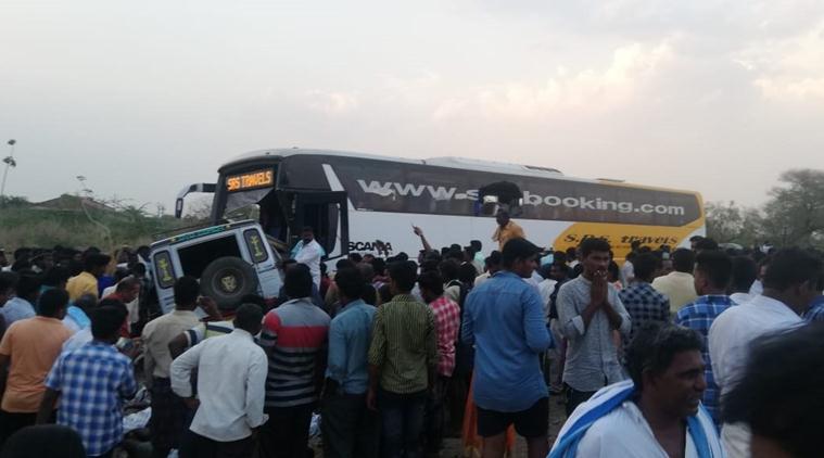 Andhra pradesh bus accident, andhra bus accident, bus accident, bus collides with car, Veldurthu accident, indian express