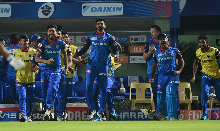 DC players celebrate after the team's victory during their Indian Premier League 2019 (Eliminator Stage) cricket match against Sunrisers Hyderabad (SH) at ACA-VDCA Cricket stadium in Visakhapatnam