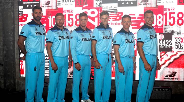 Liam Plunkett, Jonny Bairstow, Jason Roy, Joe Root, Eoin Morgan and Jos Buttler pose during the England kit launch