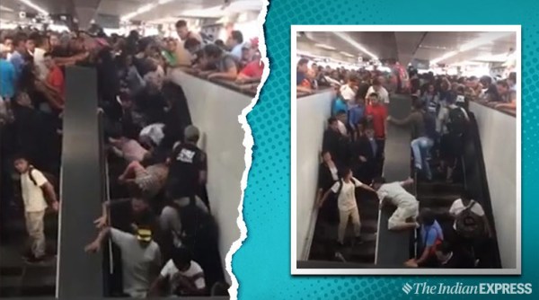 Mexico overcrowded escalator, mexico escalator viral video, escalator commuters viral video, crowded escalator clip, viral video, Pantitlán Metro 9 Line station, indian express, indian express news