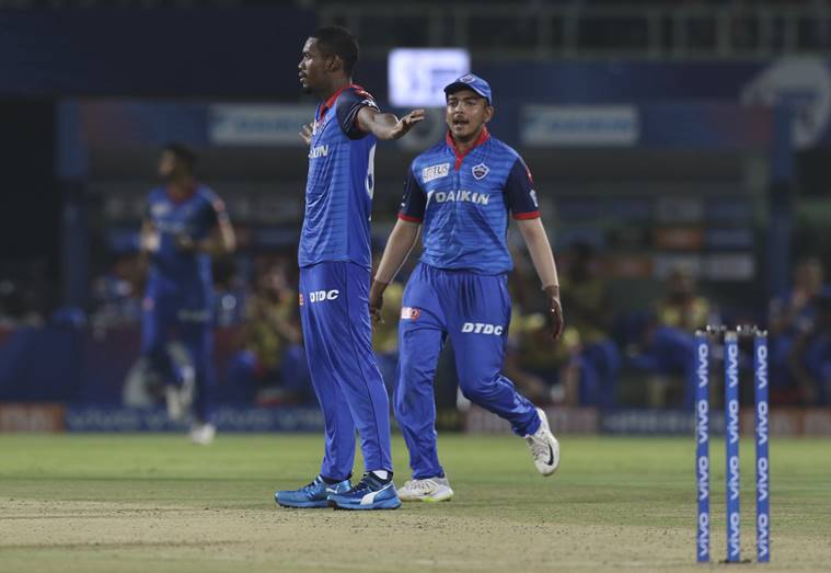 Keemo Paul of Delhi Capitals, left, and Prithvi Shaw of Delhi Capitals celebrate the wicket of Manish Pandey during the VIVO IPL T20 cricket eliminator match between Delhi Capitals and Sunrisers Hyderabad in Visakhapatnam