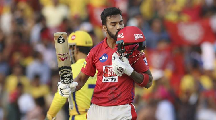 KL Rahul of Kings XI Punjab, kisses his helmet as he celebrates fifty runs during the VIVO IPL T20 cricket match between Kings XI Punjab and Chennai Super Kings in Mohali, India