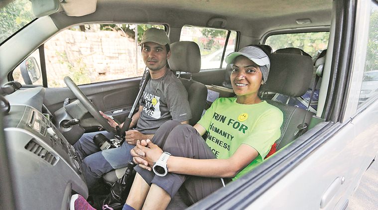 Ultra runner in city during her 4k km run across country