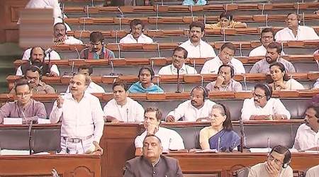 Congress leaders Sonia Gandhi, Rahul Gandhi and Adhir Ranjan Chowdhury in Lok Sabha on Thursday. (PTI)