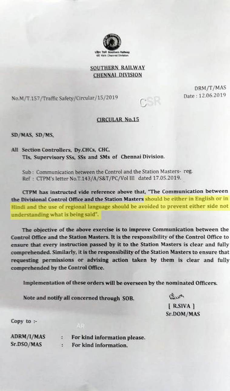 Southern Railways hindi english regional language circular
