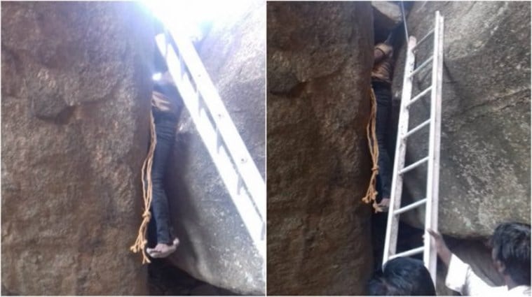 karnataka man gets stuck between boulders, karnataka man rescued from boulders, man gets stuck between boulders in hampi, hampi, karnataka news