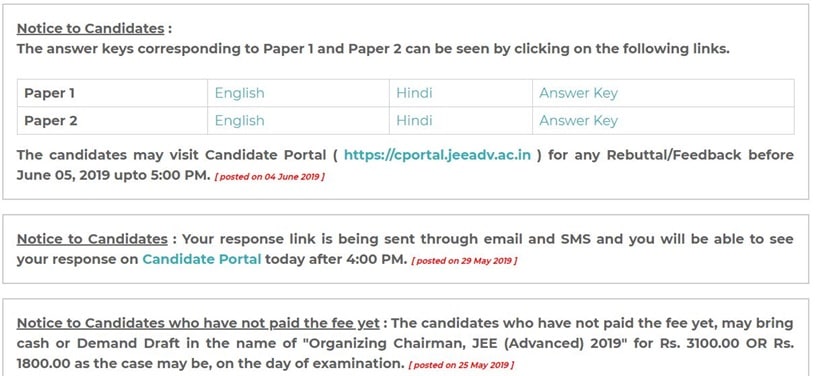 JEE Advanced answer key 2019 released, result by June 14 