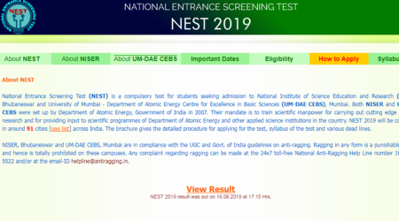 nest 2019, nest result, nest result 2019, nest 2019 results, nest results 2019, nestexam.in, nest admssion, NISER admission, NISER entrance exam, college admission, University of mumbai, university of mumbai admission, university of mumbai entrance exam, nest 2109, nest exam date, education news, indian express news
