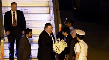 New Delhi: US Secretary of State Mike Pompeo arrives at AFS Palam, in New Delhi, Tuesday, June 25, 2019. (PTI Photo/Kamal Singh) (PTI6_25_2019_000203A)