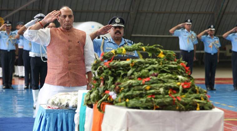 an-32 crash, iaf an-32, mortal remains of an-32, defence minister, rajnath singh, homage to an-32 personnel, india news, indian express