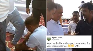 Watch: UP minister gets shoelace tied from govt employee, defends himself  citing Lord Ram | Trending News,The Indian Express