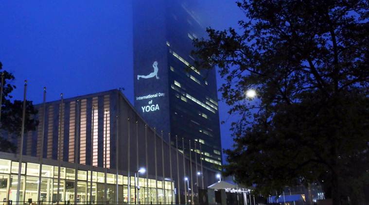 Yoga postures light up UN Headquarters ahead of International Yoga Day