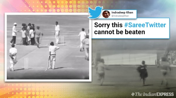 saree twitter, saree twitter viral tweets, woman ran in saree cricket match, 1975 ind vs WI saree woman, 1975 wankhede woman kiss brijesh patel, viral videos, indian express, sports news, cricket news