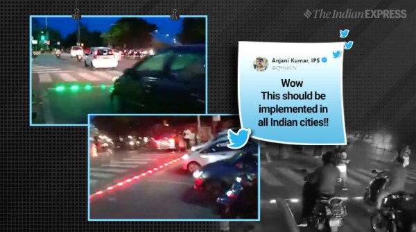 hyderabad, hyderabad traffic police, led lights zebra crossing, led speed breakers, indian express, viral videos,