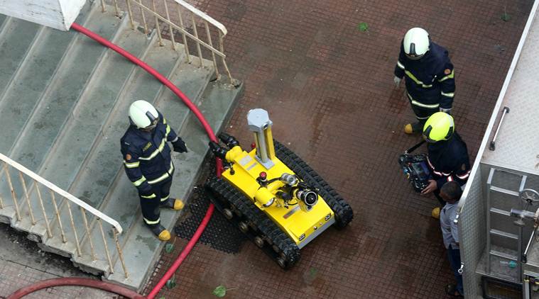 robot, firefighting robot, mumbai fire briagde robot, mumbai, mumbai fire, mtnl, mtnl building fire, mtnl building fire news, mtnl building fire today, mtnl bandra office fire, mumbai mtnl bandra fire, mtnl building fire, mumbai fire news, mtnl office fire news, fire news