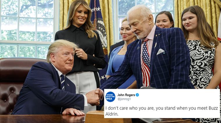 50th anniversary of moon landing, apollo 11, apollo 11 anniversary, donald trump, buzz aldrin, trump apollo 11 astronauts meet, trump buzz aldrin, viral photo, viral news, indian express,