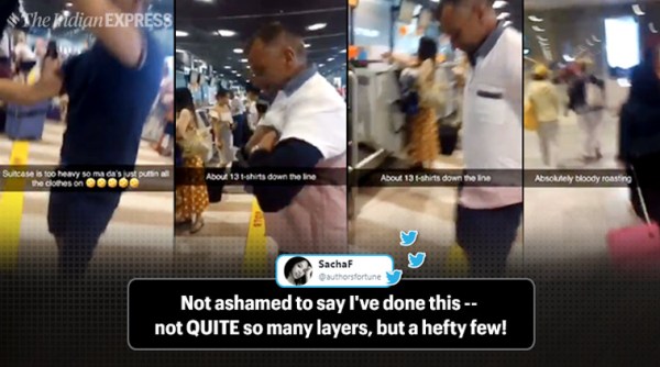 man wears excess shirts, man wears 15 shirts, man wears extra clothes at nice airport, viral video, funny video, indian express, funny news