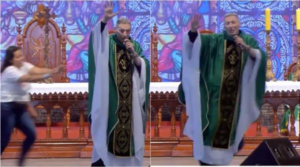woman pushes priest, brazil priest knocked off stage, father rossi, father rossi pushed off stage, viral news, viral videos, indian express