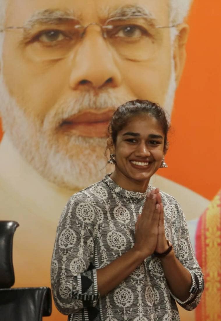 Babita Phogat, Babita Phogat joins bjp, Dangal girl Babita Phogat, Dangal Phoat sister, Dangal Phogat family, dangal film babita phogat, common wealth games winner, Babita Phogat Commonwealth games, mahavir singh phogat, wrestler, gold medalist, indian express