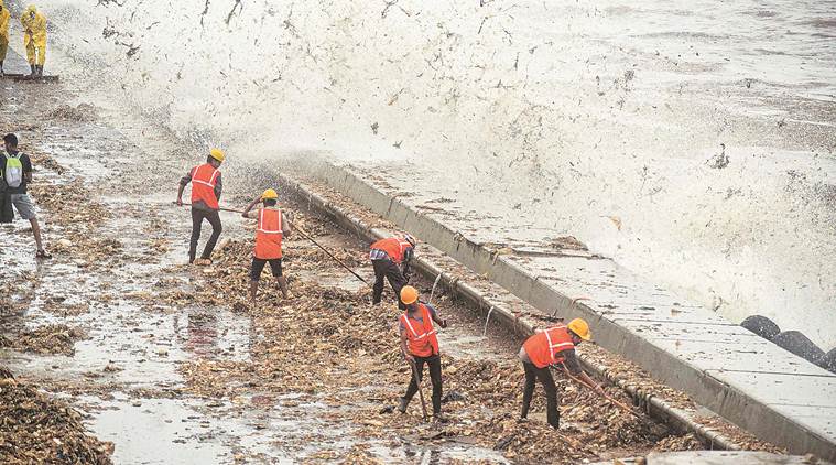 mumbai rains, mumbai rains news, bmc trash booms removal, marine drive pollution, mumbai beach garbage, mumbai news