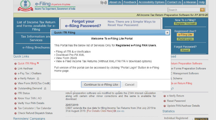 Income Tax Return ITR e-Filing Online for AY 2019-20: How to file ITR Online using 'e-filing ...