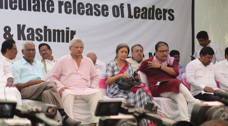 kashmir detentions, news on kashmir, opposition protest kashmir dentention, article 370, article 370 kashmir, kashmir latest news, 370 kashmir, india news, indian express, indianexpress.com, D raja, protestors in Jantar Mantar, Jantar Mantar opposition