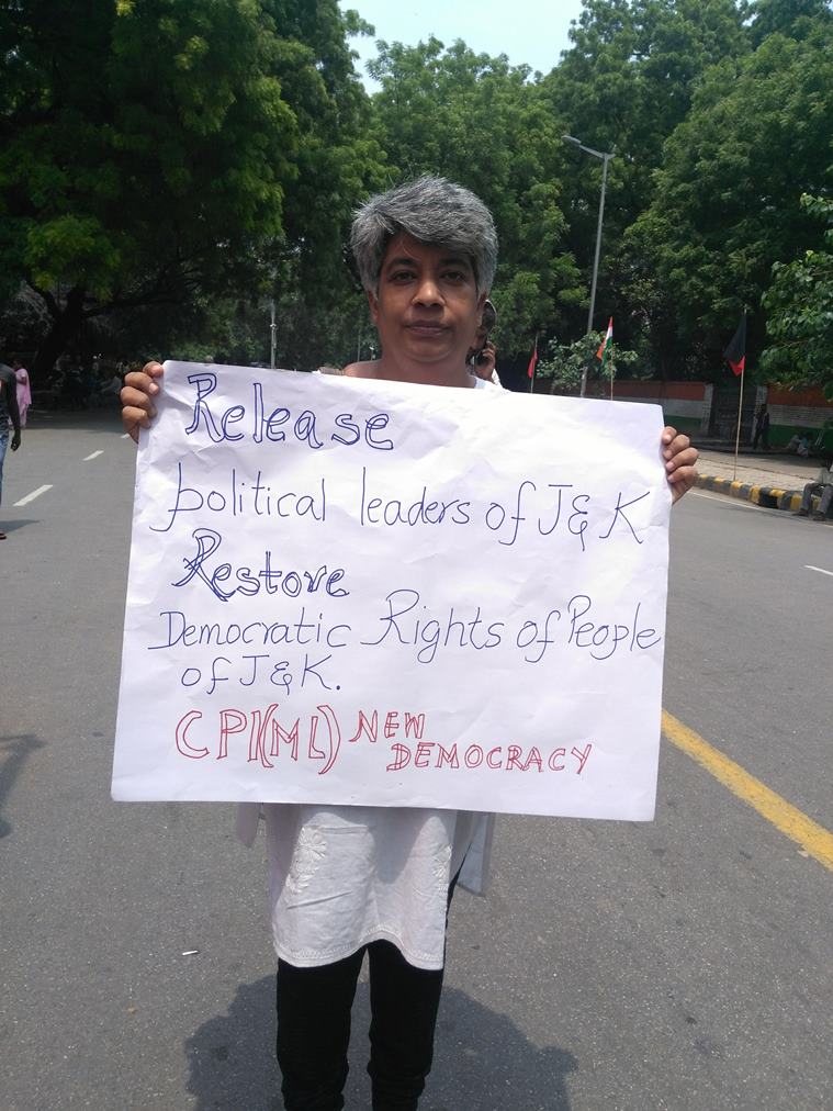 kashmir detentions, news on kashmir, opposition protest kashmir dentention, article 370, article 370 kashmir, kashmir latest news, 370 kashmir, india news, indian express, indianexpress.com, D raja, protestors in Jantar Mantar, Jantar Mantar opposition