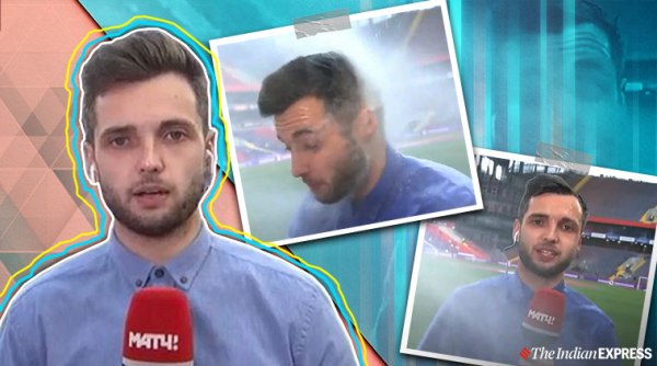 Russian Soccer Reporter water Sprinkler Live TV viral video, Evgeniy Evnevich Russia Match TV viral video, Russian reporter viral video, trending, indian express news