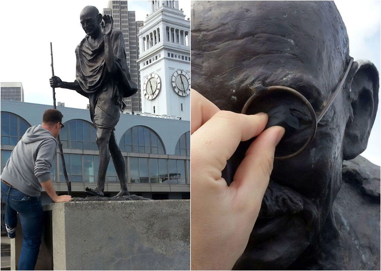 Prankster puts glowing red eyes on Gandhi statue in San Francisco