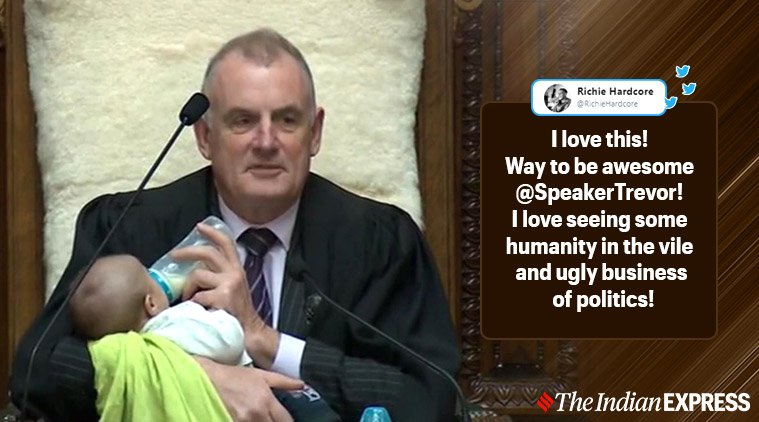 new zealand, new zealand parliament, nz speaker babysitting MP son, viral photos, babies in parliament, good news, indian express