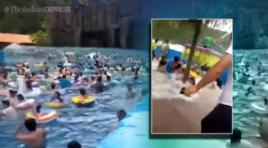 tsunami wave china viral video, Chinese tourists wave malfunction, china wave viral video, trending, indian express, indian express news