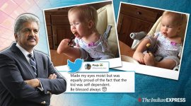 anand Mahindra, mahindra inspiring posts, armless toddler eating by self, motivatioanl videos, indian express, viral news
