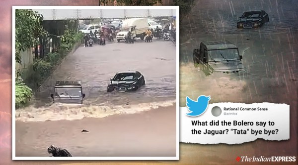 mumbai rains, mumbai rain waterlogging, bolero, bolero vs jaguar, bolero wades through water mumbai rains, viral videos, trending, indian express